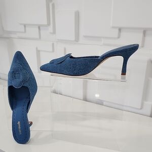 Blue Denim Mules with Flower Detail